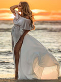 Plataz Solid Color Off Shoulder Backless Ruffle Side Slit Chiffon Photoshoot Maternity Maxi Dress Maternity