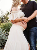 Plataz Solid Color Bohemian Off Shoulder Backless Ruffle 2 piece set Photoshoot Maternity Maxi Dress Maternity