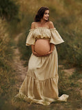 Plataz Boho Solid Color Off Shoulder Backless Linen Cotton Ruffle 2-in-1 Crop Cap Sleeve Side Slit Photoshoot Maternity Maxi Dress Maternity