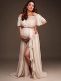Plataz Solid Color Off Shoulder Backless Ruffle Side Slit Chiffon Photoshoot Maternity Maxi Dress Maternity