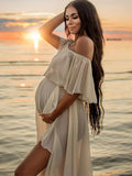 Plataz Solid Color Off Shoulder Backless Ruffle Side Slit Chiffon Photoshoot Maternity Maxi Dress Maternity