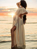 Plataz Solid Color Off Shoulder Backless Ruffle Side Slit Chiffon Photoshoot Maternity Maxi Dress Maternity