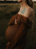 Plataz Coffee Color V-Neck Knitting Cut Out Beach Vacation Photoshoot Maternity Maxi Dress Maternity
