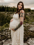 Plataz Lace Bohemian Spaghetti Strap Tassel Backless V-Neck Photoshoot Maternity Maxi Dress Maternity