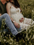 Plataz Lace Bohemian Spaghetti Strap Tassel Backless V-Neck Photoshoot Maternity Maxi Dress Maternity