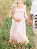 Plataz Light Pink Polka Dot Bow Ruffle Falbala Tie-Shoulder A-line Tulle Princess Dress Maxi Dress Maternity