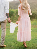 Plataz Light Pink Polka Dot Bow Ruffle Falbala Tie-Shoulder A-line Tulle Princess Dress Maxi Dress Maternity