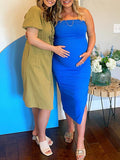 Plataz Blue Knit Bandeau Side Slit Strapless Bodycon Eleagnt Going Out Maternity Photoshoot Baby Shower Maxi Dress Maternity