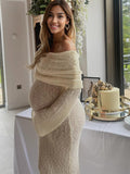 Plataz Solid Color Off Shoulder Hollow Out Knitwear Bodycon Beach Vacation Dress Baby Shower Maternity Maxi Dress Maternity
