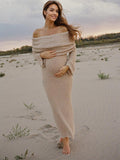 Plataz Solid Color Off Shoulder Hollow Out Knitwear Bodycon Beach Vacation Dress Baby Shower Maternity Maxi Dress Maternity