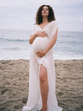 Plataz White Irregular Side Slit Off Shoulder Deep V-neck Flowy Beach Cover Up Elegant Vacation Maternity Photoshoot Baby Shower Maxi Dress Maternity