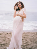 Plataz White Irregular Side Slit Off Shoulder Deep V-neck Flowy Beach Cover Up Elegant Vacation Maternity Photoshoot Baby Shower Maxi Dress Maternity