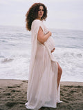 Plataz White Irregular Side Slit Off Shoulder Deep V-neck Flowy Beach Cover Up Elegant Vacation Maternity Photoshoot Baby Shower Maxi Dress Maternity