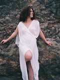 Plataz White Irregular Side Slit Off Shoulder Deep V-neck Flowy Beach Cover Up Elegant Vacation Maternity Photoshoot Baby Shower Maxi Dress Maternity