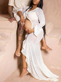 Plataz White Ruffle Cut Out Crop Irregular Split Sheer Vacation Dress Bodycon Photoshoot Maternity Maxi Dress Maternity
