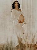 Plataz White Ruffle Cut Out Crop Irregular Split Sheer Vacation Dress Bodycon Photoshoot Maternity Maxi Dress Maternity