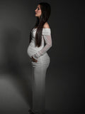 Plataz White Off Shoulder Sparkly Back Slit Sheer Bodycon Elegant Baby Shower Evening Photoshoot Maternity Maxi Dress Maternity