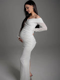 Plataz White Off Shoulder Sparkly Back Slit Sheer Bodycon Elegant Baby Shower Evening Photoshoot Maternity Maxi Dress Maternity