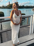 Plataz White Drawstring Halter Neck Backless Bodycon Knitting Sheer Photoshoot Maternity Maxi Dress Maternity