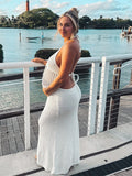Plataz White Drawstring Halter Neck Backless Bodycon Knitting Sheer Photoshoot Maternity Maxi Dress Maternity