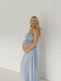 Plataz Blue Falbala Two Piece Set Cami Ruffle Crop Top And Big Swing Maxi Skirt Elegant Baby Moon Beach Maternity Photoshoot Baby Shower Maxi Dress Maternity