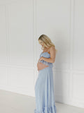 Plataz Blue Falbala Two Piece Set Cami Ruffle Crop Top And Big Swing Maxi Skirt Elegant Baby Moon Beach Maternity Photoshoot Baby Shower Maxi Dress Maternity