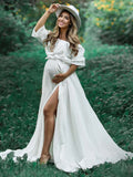 Plataz Solid Color Off Shoulder Backless Ruffle Crop Side Slit 2-in-1 Photoshoot Maternity Maxi Dress Maternity