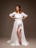 Plataz Solid Color Off Shoulder Backless Ruffle Crop Side Slit 2-in-1 Photoshoot Maternity Maxi Dress Maternity