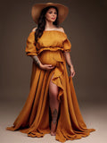 Plataz Solid Color Off Shoulder Backless Ruffle Crop Side Slit 2-in-1 Photoshoot Maternity Maxi Dress Maternity