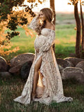 Plataz Boho Lace Off Shoulder Lace Tassel Crop 2-in-1 Side Slit Ruffle Photoshoot Maternity Maxi Dress Maternity