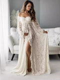 Plataz Boho Lace Off Shoulder Lace Tassel Crop 2-in-1 Side Slit Ruffle Photoshoot Maternity Maxi Dress Maternity