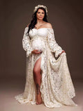 Plataz Boho Lace Off Shoulder Lace Tassel Crop 2-in-1 Side Slit Ruffle Photoshoot Maternity Maxi Dress Maternity