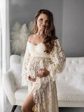 Plataz Boho Lace Off Shoulder Lace Tassel Crop 2-in-1 Side Slit Ruffle Photoshoot Maternity Maxi Dress Maternity