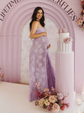 Plataz Violet Spaghetti Strap Backless Tie Back Big Swing Drawstring Baby Shower Maternity Maxi Dress Maternity
