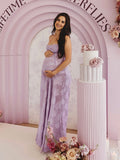Plataz Violet Spaghetti Strap Backless Tie Back Big Swing Drawstring Baby Shower Maternity Maxi Dress Maternity