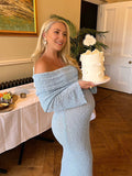 Plataz Blue Knitted Off Shoulder Bodycon Crochet Flare Sleeve Elegant Baby Moon Beach Vacation Maternity Photoshoot Baby Shower Maxi Dress Maternity
