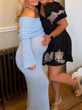 Plataz Blue Knitted Off Shoulder Bodycon Crochet Flare Sleeve Elegant Baby Moon Beach Vacation Maternity Photoshoot Baby Shower Maxi Dress Maternity