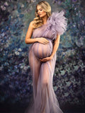 Plataz Solid Color Tulle Tutu One Shoulder Robe Mesh Ruffle Sheer Sashes Grenadine Photoshoot Maxi Dress Maternity