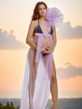 Plataz Solid Color Tulle Tutu One Shoulder Robe Mesh Ruffle Sheer Sashes Grenadine Photoshoot Maxi Dress Maternity