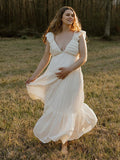 Plataz Solid Color Ruffle Backless High Waist V-Neck Vacation Gown Photoshoot Maternity Maxi Dress Maternity