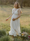 Plataz Solid Color Ruffle Backless High Waist V-Neck Vacation Gown Photoshoot Maternity Maxi Dress Maternity