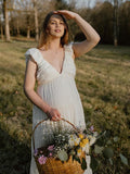 Plataz Solid Color Ruffle Backless High Waist V-Neck Vacation Gown Photoshoot Maternity Maxi Dress Maternity