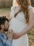 Plataz Solid Color Ruffle Backless High Waist V-Neck Vacation Gown Photoshoot Maternity Maxi Dress Maternity