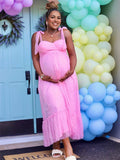 Plataz Solid Color Tulle Spaghetti Strap Backless Ruffle Lace-up Grenadine Photoshoot Gown Baby Shower Maternity Maxi Dress Maternity