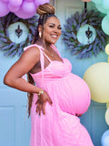 Plataz Solid Color Tulle Spaghetti Strap Backless Ruffle Lace-up Grenadine Photoshoot Gown Baby Shower Maternity Maxi Dress Maternity