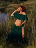 Plataz Solid Color Off Shoulder Chiffon Crop Side Slit Ruffle Two Pieces High Waist Elegant Boho Gown Photoshoot Maternity Maxi Dress Maternity