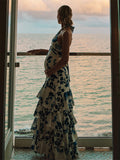Plataz Blue Floral Cake Ruffle Tie Flowy Halter Neck Elegant Vacation Photoshoot Baby Shower Maternity Maxi Dress Maternity