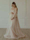 Plataz Off Shoulder Tulle Polka Dot Elegant Photoshoot Baby Shower Maternity Maxi Dress Maternity