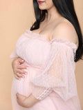 Plataz Off Shoulder Tulle Polka Dot Elegant Photoshoot Baby Shower Maternity Maxi Dress Maternity