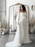 Plataz Off Shoulder Tulle Polka Dot Elegant Photoshoot Baby Shower Maternity Maxi Dress Maternity